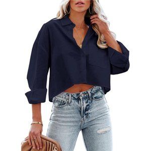 Button Down Cropped Shirt Long Sleeve Crop Top